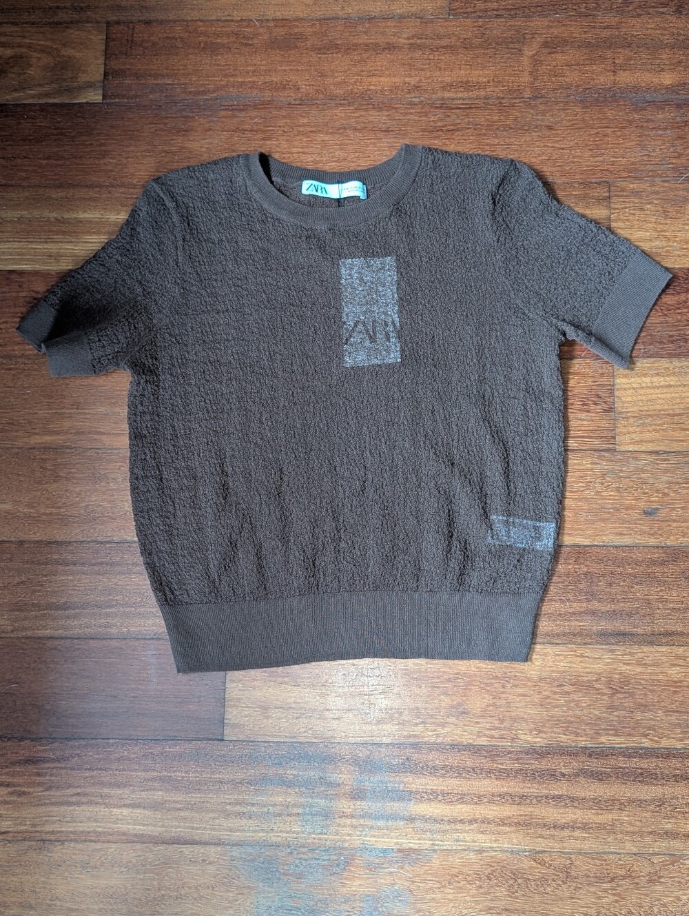Zara Womens Dark Brown Short-Sleeve Textured Knit Tee